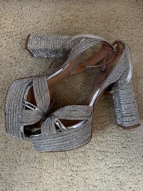 Steve Madden Silver Glitter Platform Block Heel Sandals with Ankle Strap